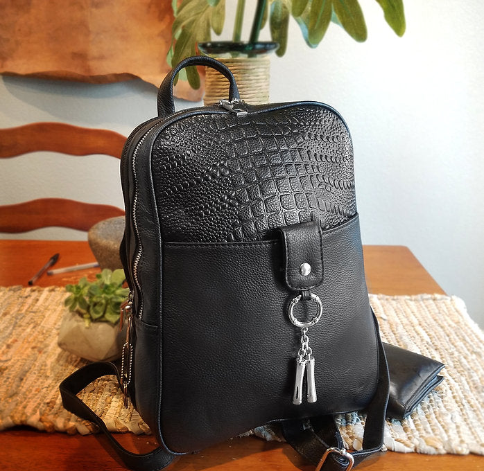 Black Cowhide Leather Backpack #7098
