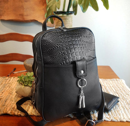 Black Cowhide Leather Backpack #7098
